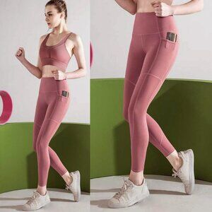 NEW Janice Active High Waist Side Pockets Full Length Leggings Dark Mauve Pink M